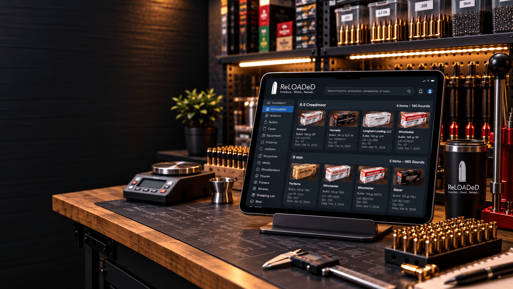 Premium reloading workshop with ReLOADeD open on a laptop