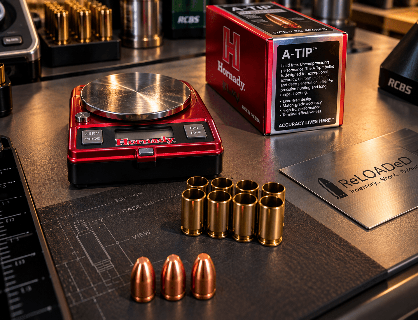 Precision loading bench with scale, brass, bullets, and documented recipe details