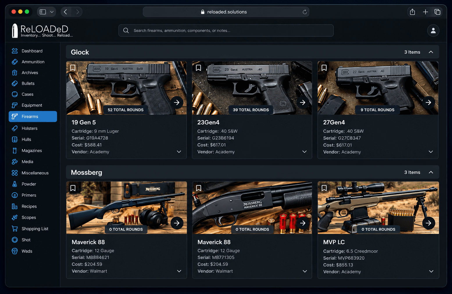 ReLOADeD firearm collection record with connected equipment