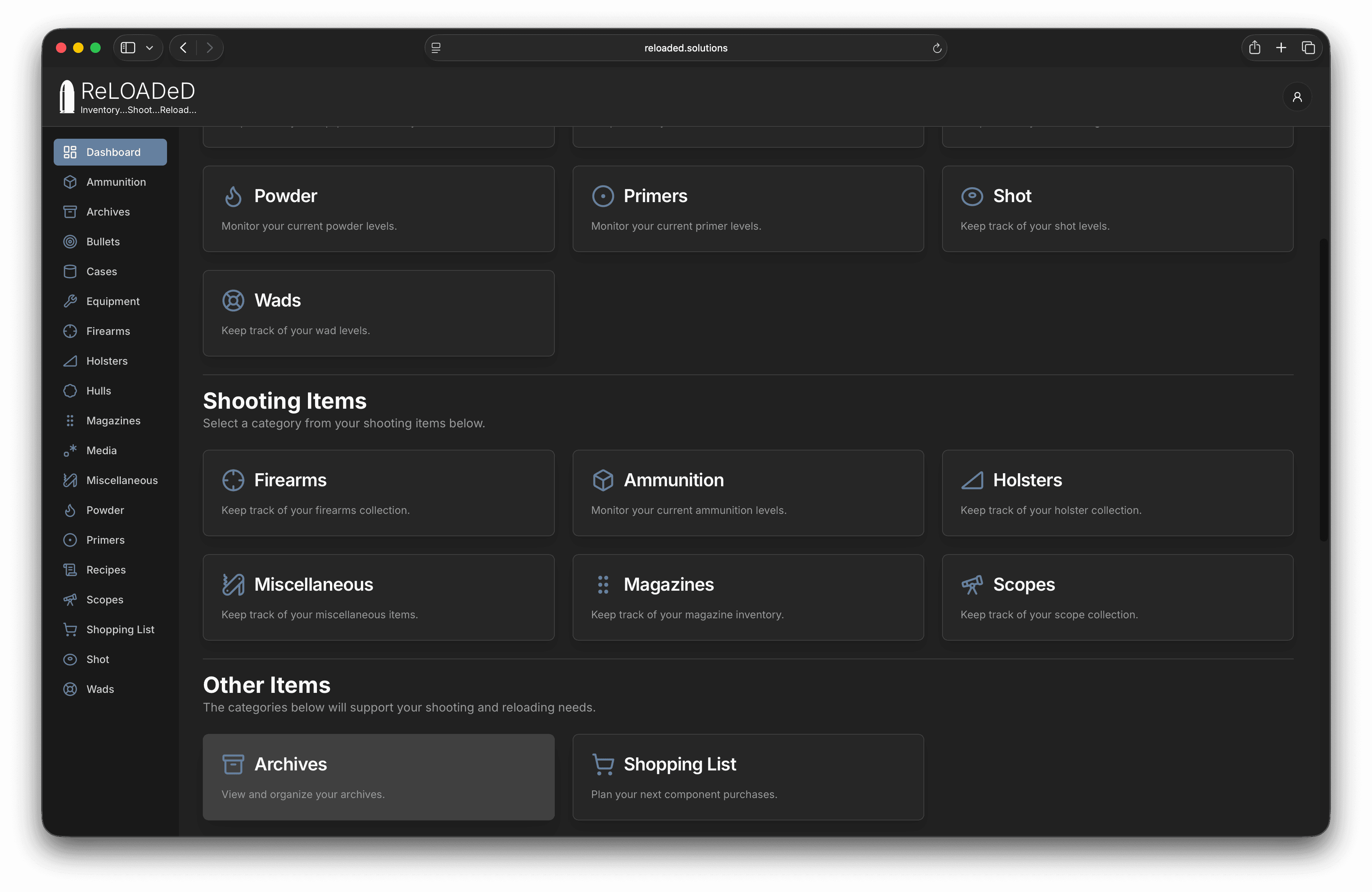 ReLOADeD dashboard showing inventory totals and recent activity