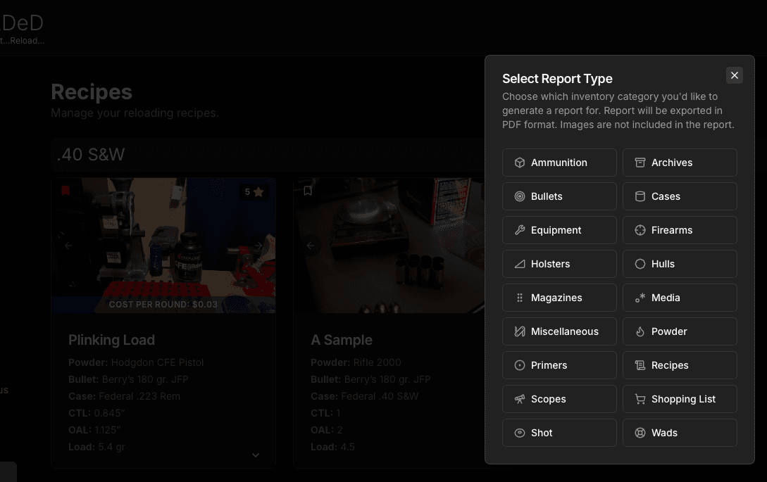 ReLOADeD report selector for inventory categories